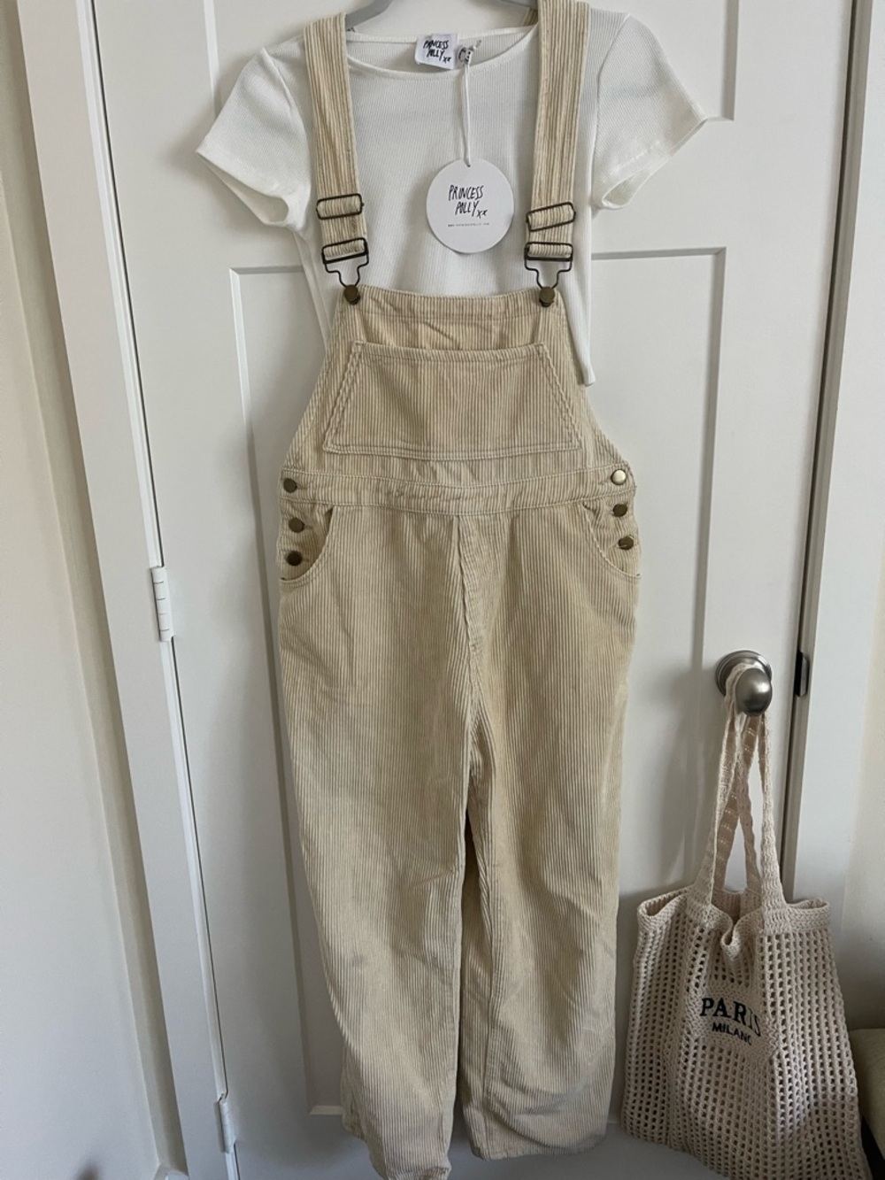 Princess Poly Cream Corduroy Overalls with Front Pocket and brand new top!